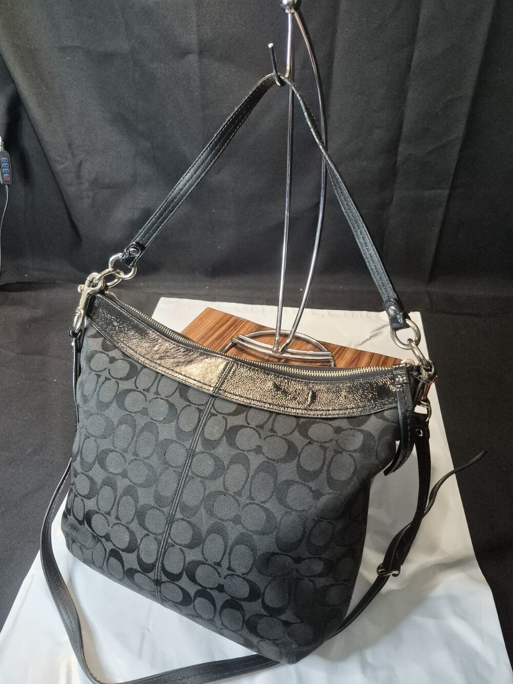 Coach F13744 Ashley Hobo, Black Purse, Patent Leather Shoulder Bag, Both Straps